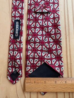 Vintage CROSS Geometric Mosaic Silk Necktie Red Teal Blue